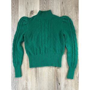 LOFT Womens Cable Knit Sweater Green Puff Sleeve Mock Neck Cozy Textured Size M